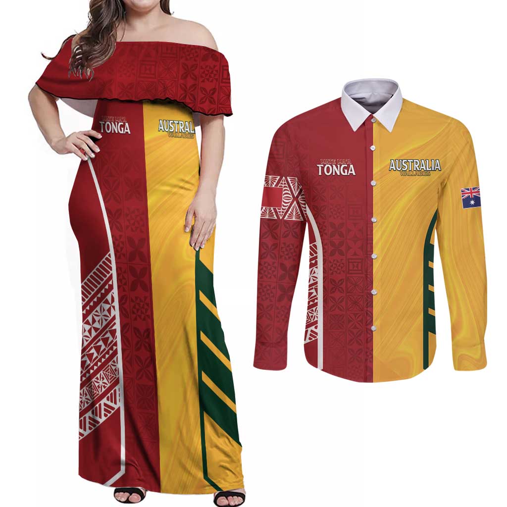 Australia - Tonga Rugby Custom Couples Matching Off Shoulder Maxi Dress and Long Sleeve Button Shirt Minimalist Dynamic