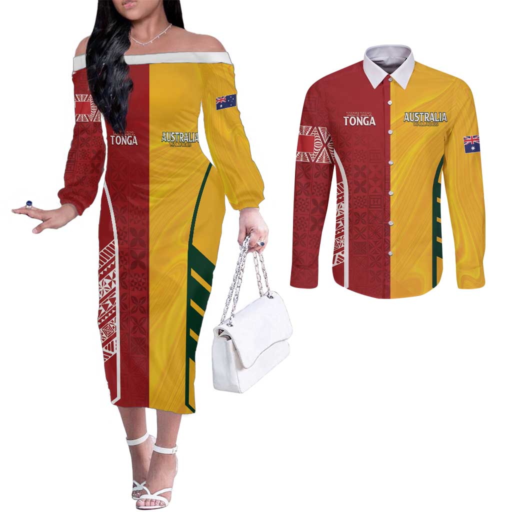 Australia - Tonga Rugby Custom Couples Matching Off The Shoulder Long Sleeve Dress and Long Sleeve Button Shirt Minimalist Dynamic