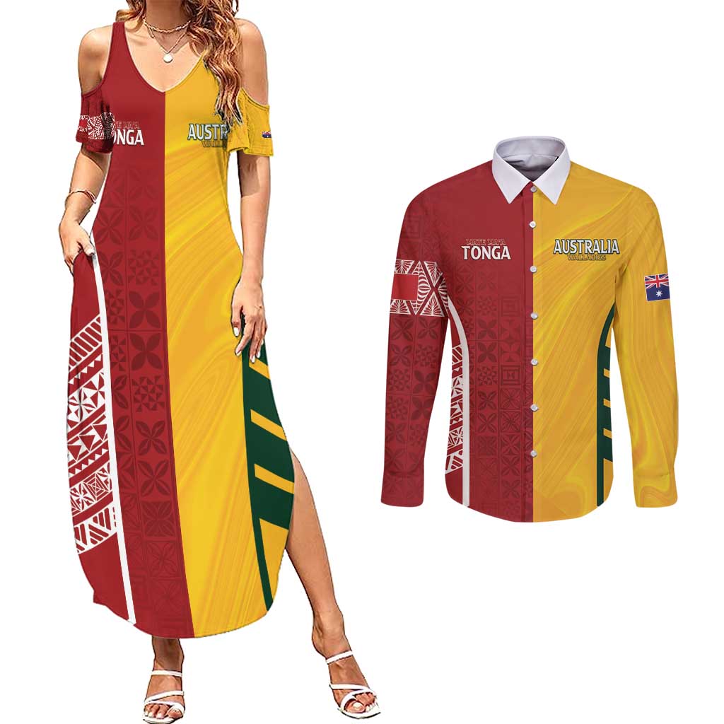 Australia - Tonga Rugby Custom Couples Matching Summer Maxi Dress and Long Sleeve Button Shirt Minimalist Dynamic