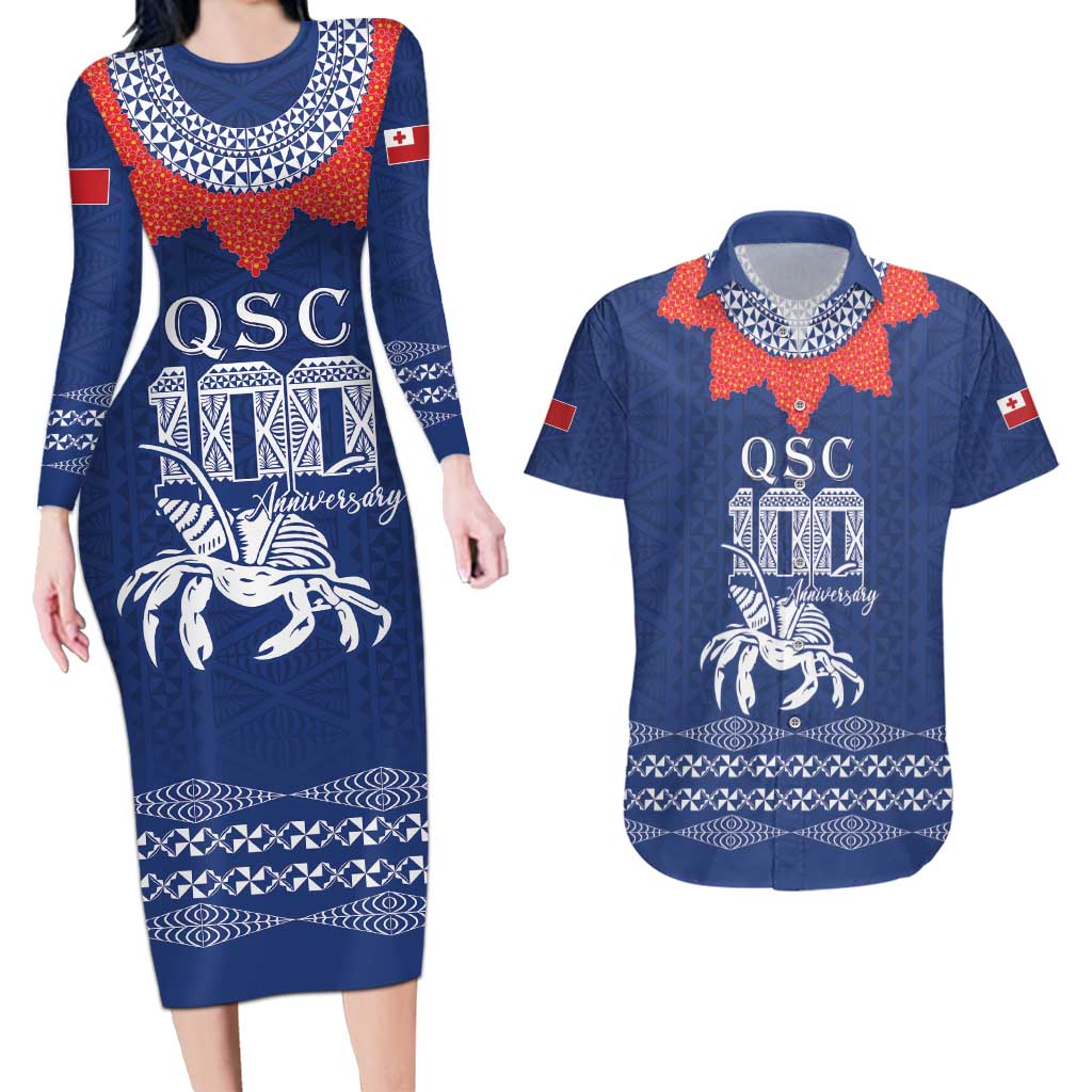 Queen Salote College 100 Years Anniversary Personalized Couples Matching Long Sleeve Bodycon Dress and Hawaiian Shirt Tonga QSC Royal Blue - Polynesian Pride