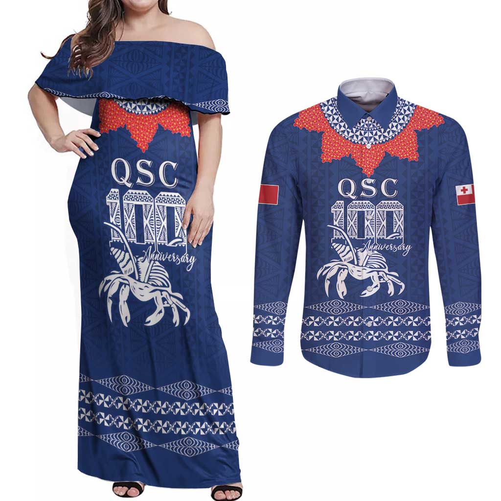 Queen Salote College 100 Years Anniversary Personalized Couples Matching Off Shoulder Maxi Dress and Long Sleeve Button Shirt Tonga QSC Royal Blue - Polynesian Pride