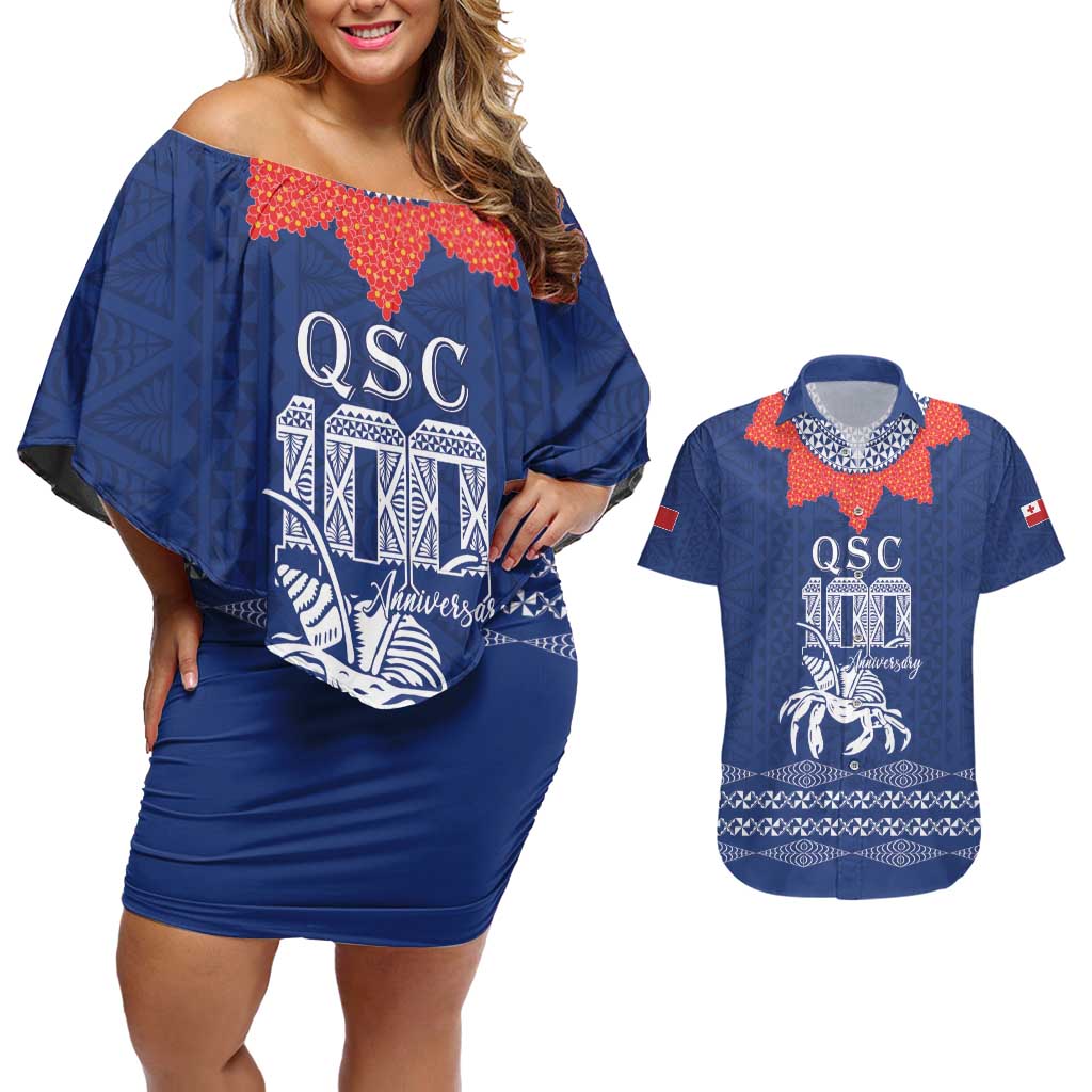 Queen Salote College 100 Years Anniversary Personalized Couples Matching Off Shoulder Short Dress and Hawaiian Shirt Tonga QSC Royal Blue - Polynesian Pride