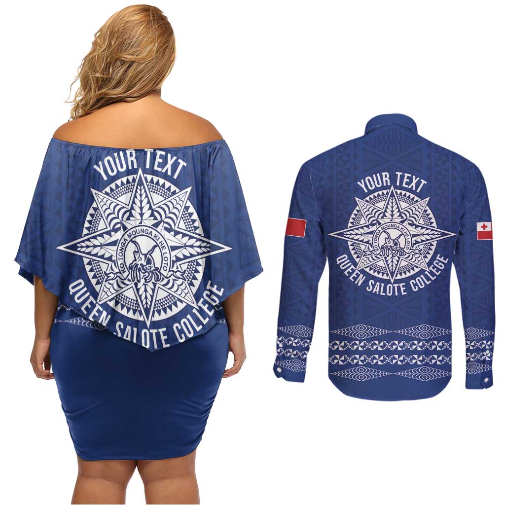 Queen Salote College 100 Years Anniversary Personalized Couples Matching Off Shoulder Short Dress and Long Sleeve Button Shirt Tonga QSC Royal Blue - Polynesian Pride