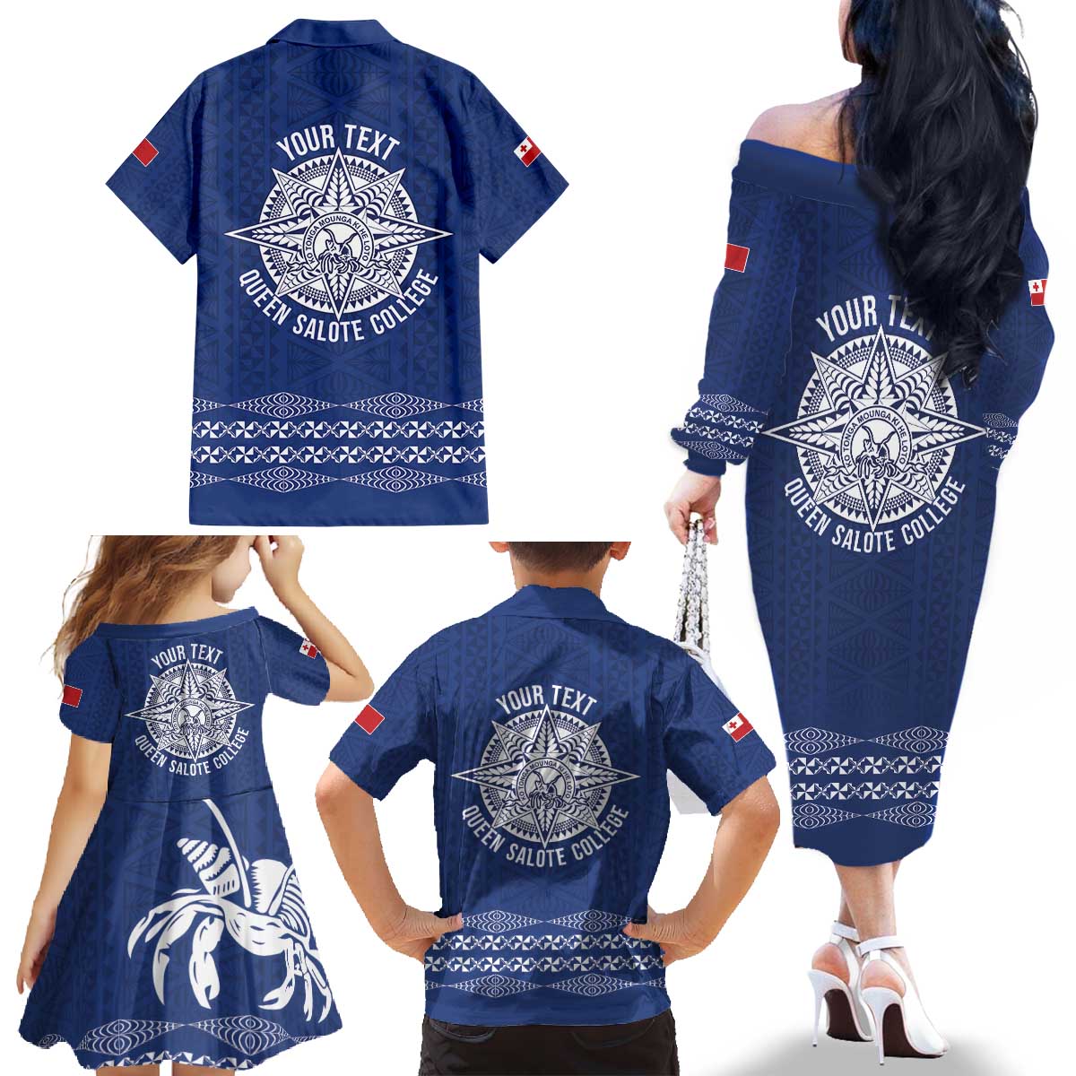 Queen Salote College 100 Years Anniversary Personalized Family Matching Off The Shoulder Long Sleeve Dress and Hawaiian Shirt Tonga QSC Royal Blue - Polynesian Pride