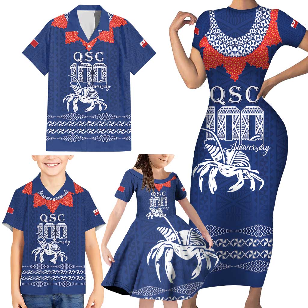 Queen Salote College 100 Years Anniversary Personalized Family Matching Short Sleeve Bodycon Dress and Hawaiian Shirt Tonga QSC Royal Blue - Polynesian Pride
