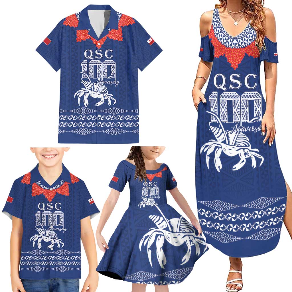 Queen Salote College 100 Years Anniversary Personalized Family Matching Summer Maxi Dress and Hawaiian Shirt Tonga QSC Royal Blue - Polynesian Pride