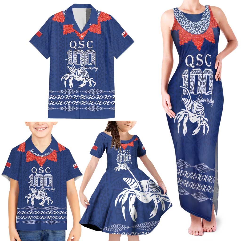 Queen Salote College 100 Years Anniversary Personalized Family Matching Tank Maxi Dress and Hawaiian Shirt Tonga QSC Royal Blue - Polynesian Pride