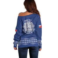 Queen Salote College 100 Years Anniversary Personalized Off Shoulder Sweater Tonga QSC Royal Blue - Polynesian Pride
