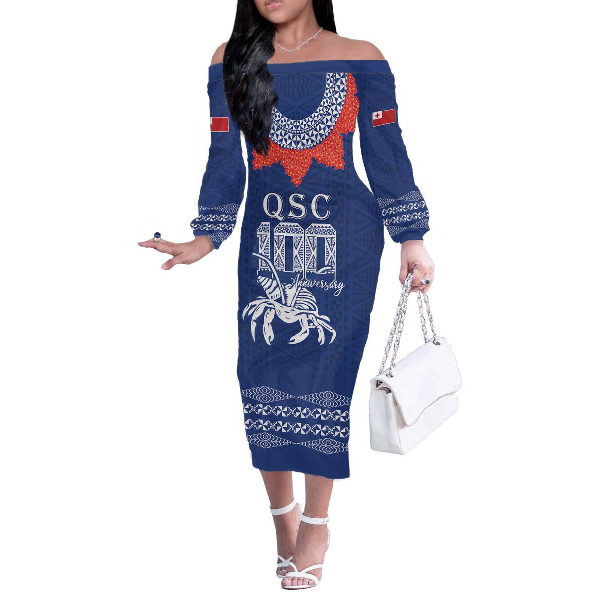 Queen Salote College 100 Years Anniversary Personalized Off The Shoulder Long Sleeve Dress Tonga QSC Royal Blue - Polynesian Pride