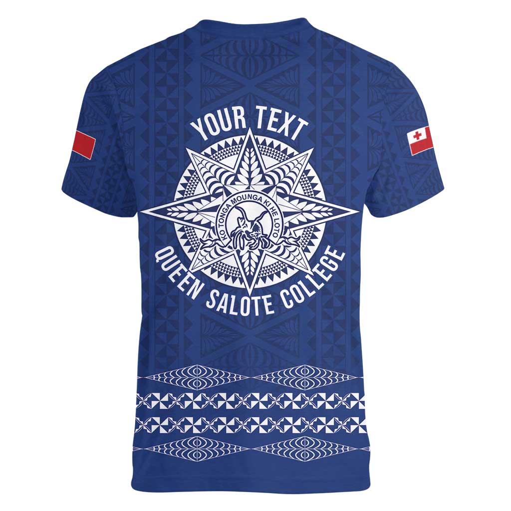 Queen Salote College 100 Years Anniversary Personalized Women V-Neck T-Shirt Tonga QSC Royal Blue - Polynesian Pride