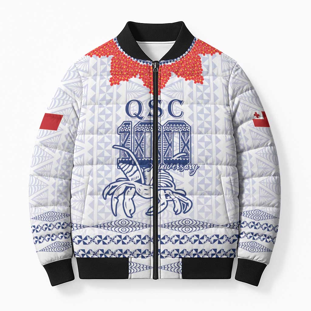 Queen Salote College 100 Years Anniversary Personalized Bomber Puffer Jacket Tonga QSC White - Polynesian Pride