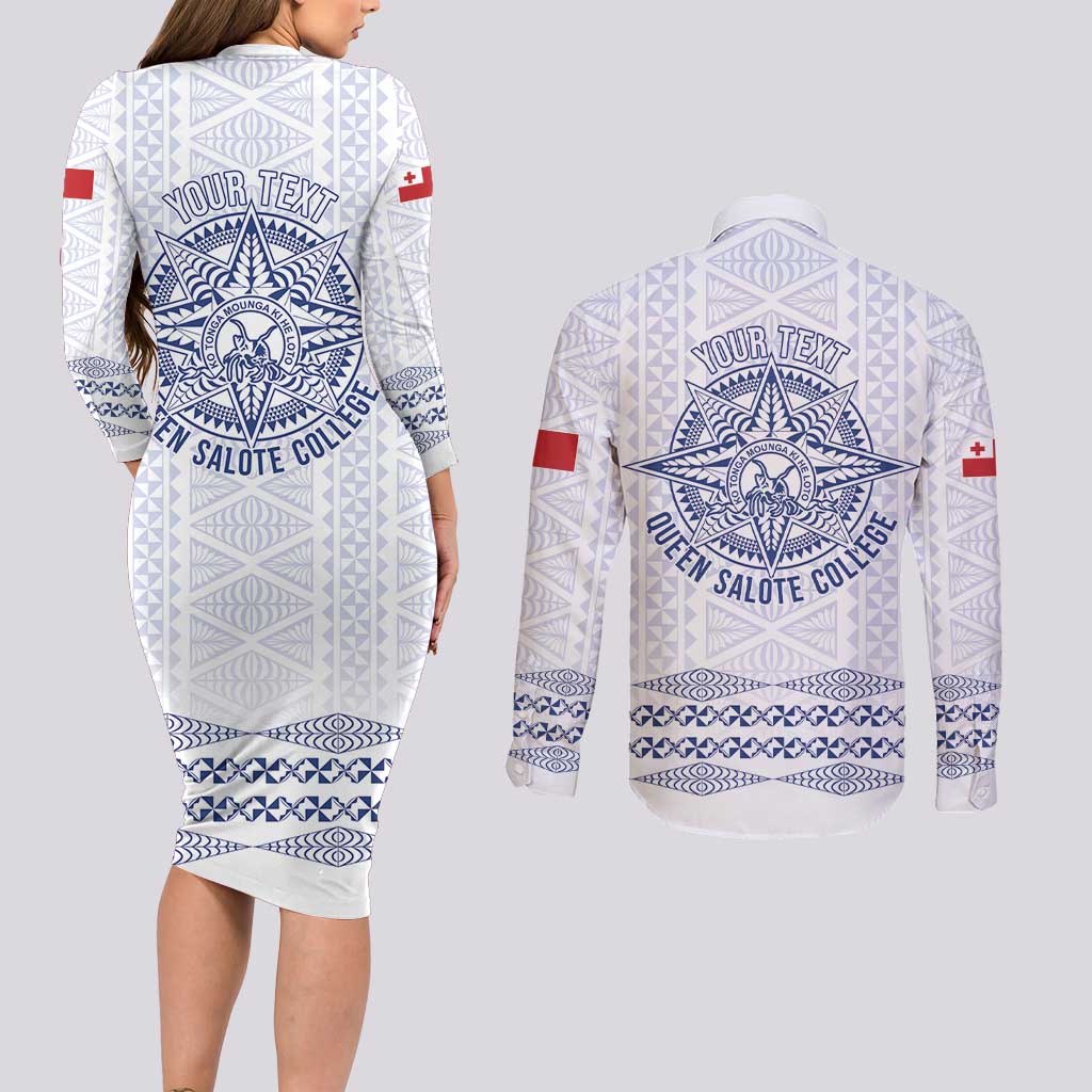 Queen Salote College 100 Years Anniversary Personalized Couples Matching Long Sleeve Bodycon Dress and Long Sleeve Button Shirt Tonga QSC White - Polynesian Pride