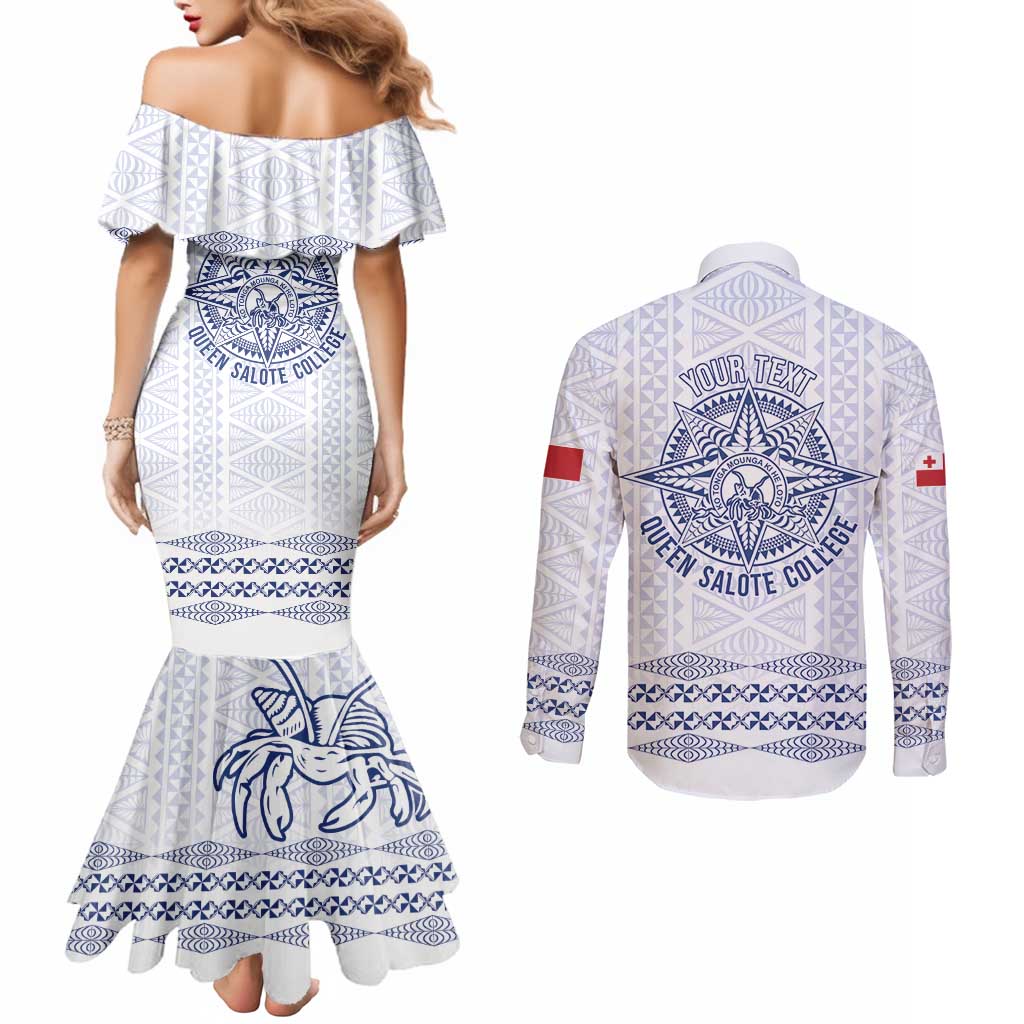 Queen Salote College 100 Years Anniversary Personalized Couples Matching Mermaid Dress and Long Sleeve Button Shirt Tonga QSC White - Polynesian Pride