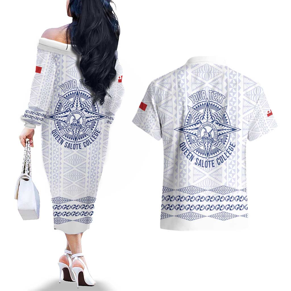 Queen Salote College 100 Years Anniversary Personalized Couples Matching Off The Shoulder Long Sleeve Dress and Hawaiian Shirt Tonga QSC White - Polynesian Pride