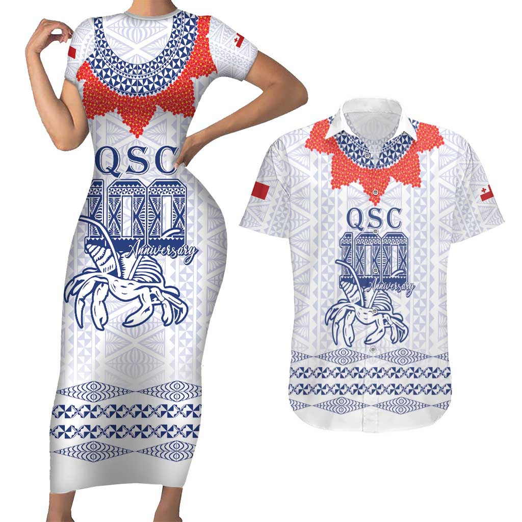 Queen Salote College 100 Years Anniversary Personalized Couples Matching Short Sleeve Bodycon Dress and Hawaiian Shirt Tonga QSC White - Polynesian Pride