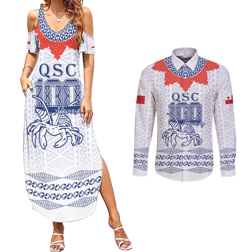 Queen Salote College 100 Years Anniversary Personalized Couples Matching Summer Maxi Dress and Long Sleeve Button Shirt Tonga QSC White - Polynesian Pride