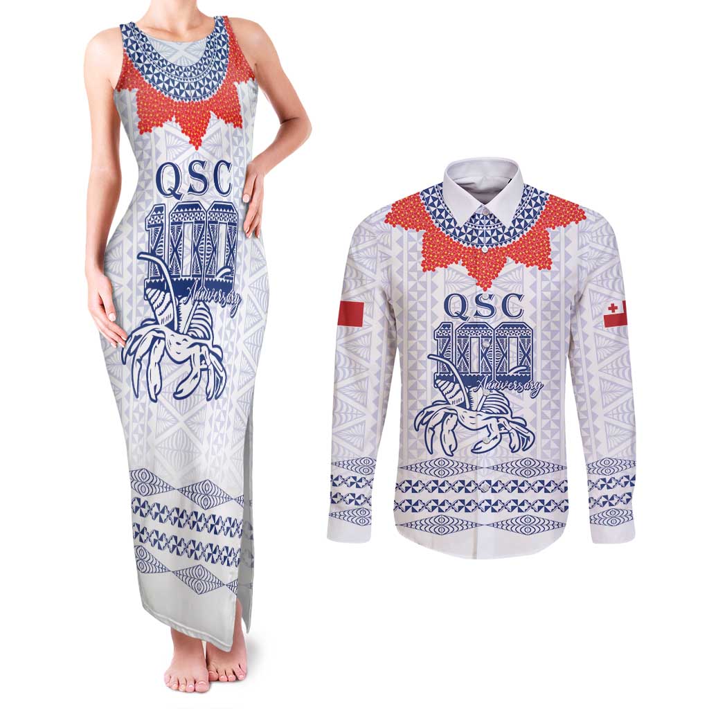 Queen Salote College 100 Years Anniversary Personalized Couples Matching Tank Maxi Dress and Long Sleeve Button Shirt Tonga QSC White - Polynesian Pride