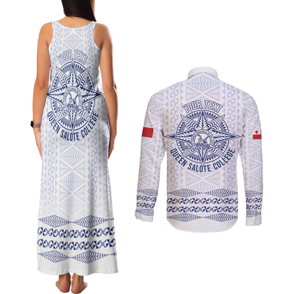Queen Salote College 100 Years Anniversary Personalized Couples Matching Tank Maxi Dress and Long Sleeve Button Shirt Tonga QSC White - Polynesian Pride