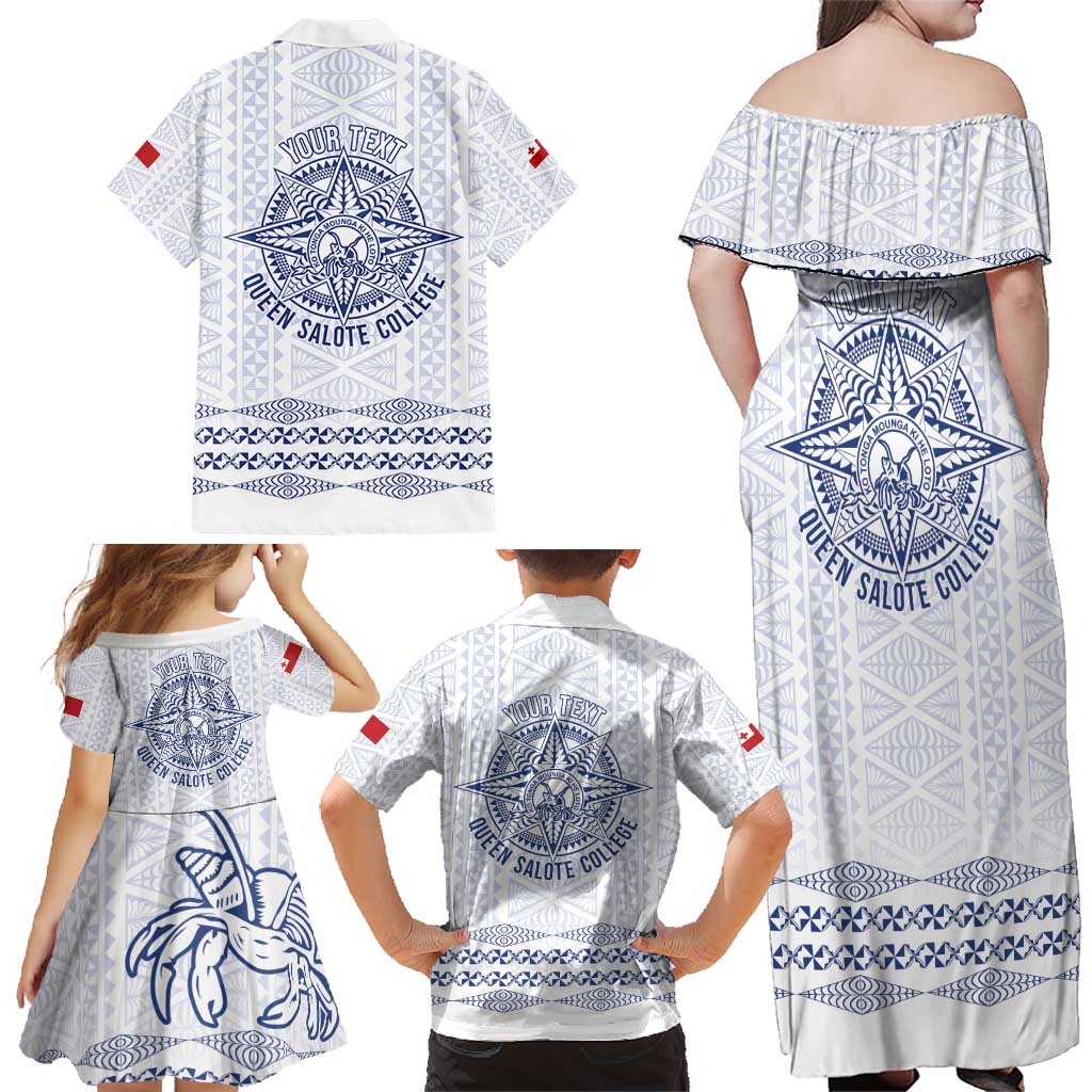 Queen Salote College 100 Years Anniversary Personalized Family Matching Off Shoulder Maxi Dress and Hawaiian Shirt Tonga QSC White - Polynesian Pride