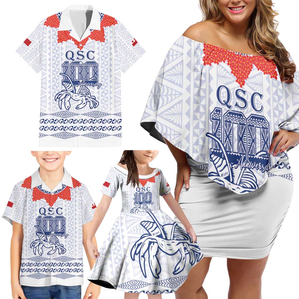 Queen Salote College 100 Years Anniversary Personalized Family Matching Off Shoulder Short Dress and Hawaiian Shirt Tonga QSC White - Polynesian Pride