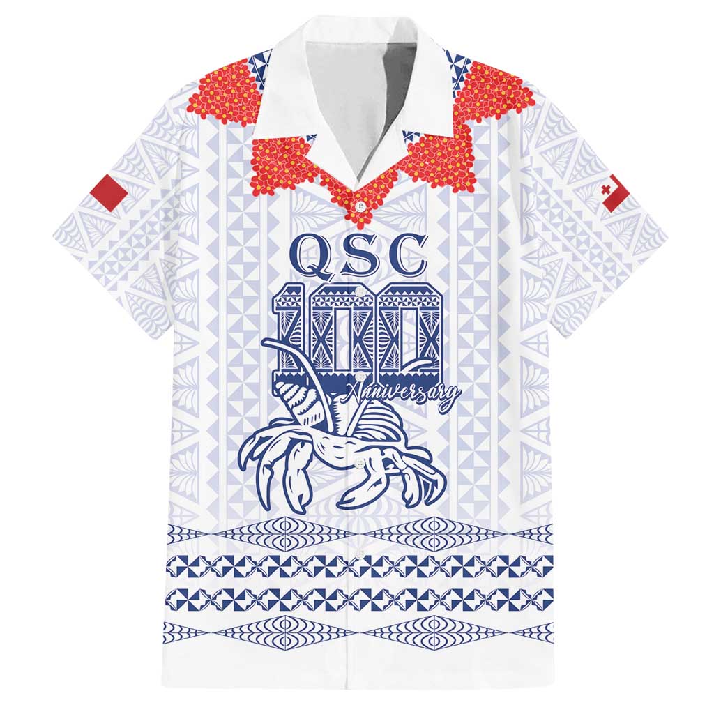 Queen Salote College 100 Years Anniversary Personalized Family Matching Off Shoulder Short Dress and Hawaiian Shirt Tonga QSC White - Polynesian Pride