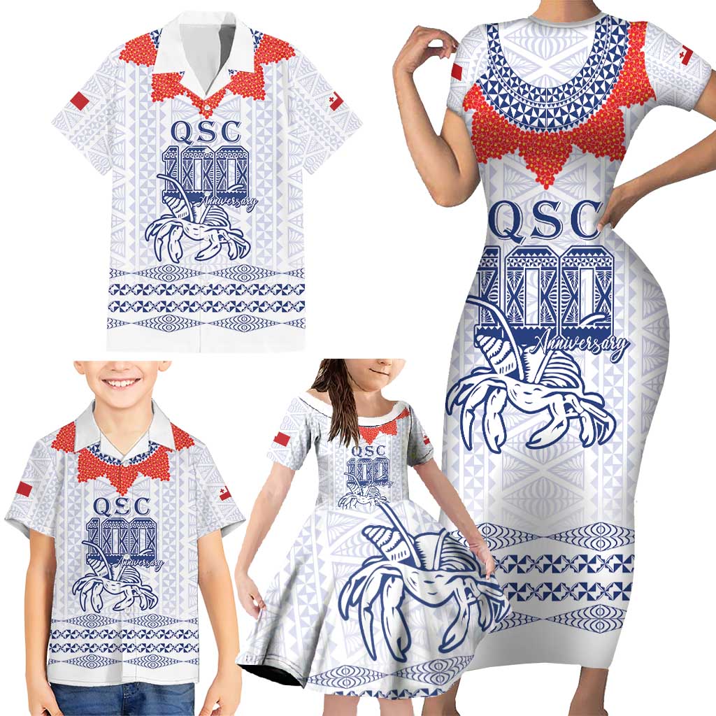 Queen Salote College 100 Years Anniversary Personalized Family Matching Short Sleeve Bodycon Dress and Hawaiian Shirt Tonga QSC White - Polynesian Pride