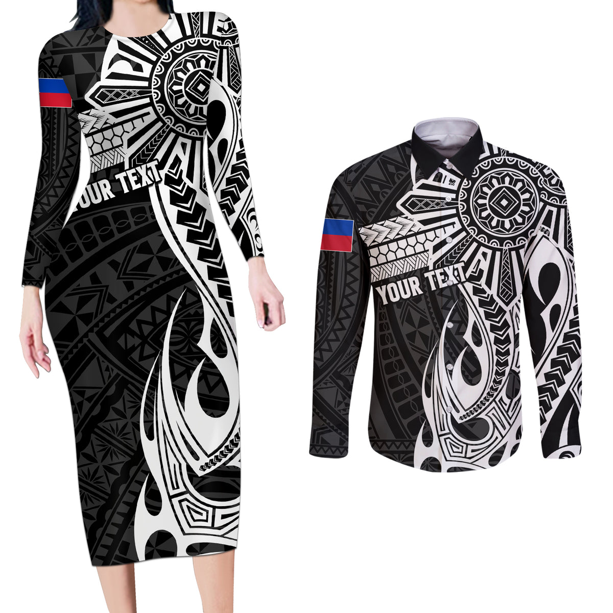 Personalised Philippines Couples Matching Long Sleeve Bodycon Dress and Long Sleeve Button Shirt Tribal Sun LT7 Black - Polynesian Pride