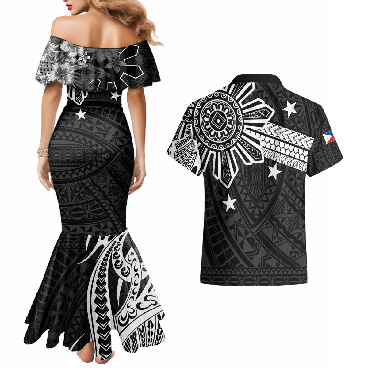 Personalised Philippines Couples Matching Mermaid Dress and Hawaiian Shirt Tribal Sun LT7 - Polynesian Pride