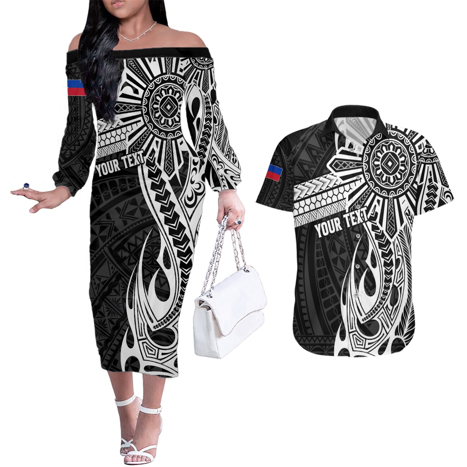 Personalised Philippines Couples Matching Off The Shoulder Long Sleeve Dress and Hawaiian Shirt Tribal Sun LT7 Black - Polynesian Pride