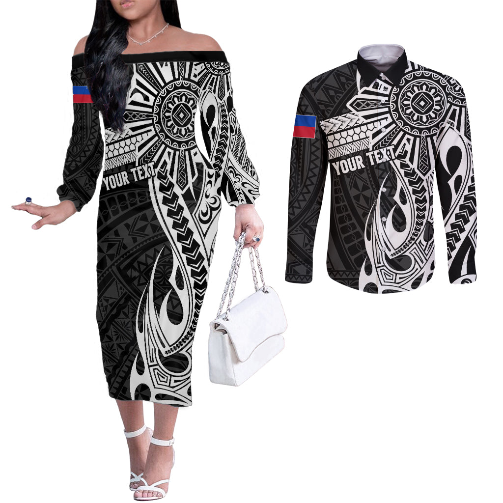 Personalised Philippines Couples Matching Off The Shoulder Long Sleeve Dress and Long Sleeve Button Shirt Tribal Sun LT7 Black - Polynesian Pride