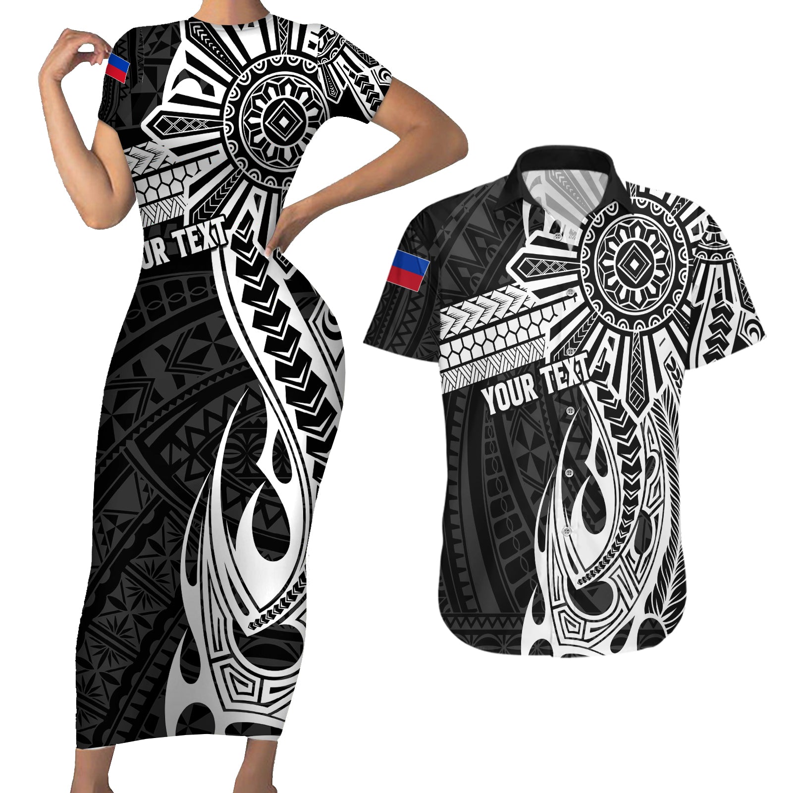 Personalised Philippines Couples Matching Short Sleeve Bodycon Dress and Hawaiian Shirt Tribal Sun LT7 Black - Polynesian Pride