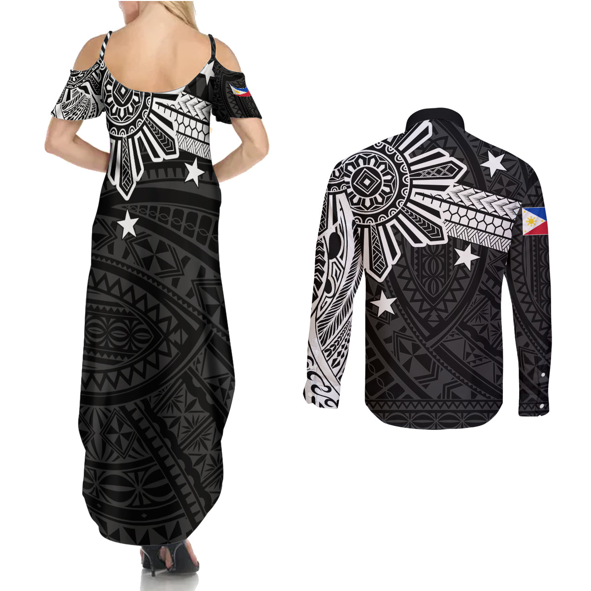 Personalised Philippines Couples Matching Summer Maxi Dress and Long Sleeve Button Shirt Tribal Sun LT7 - Polynesian Pride