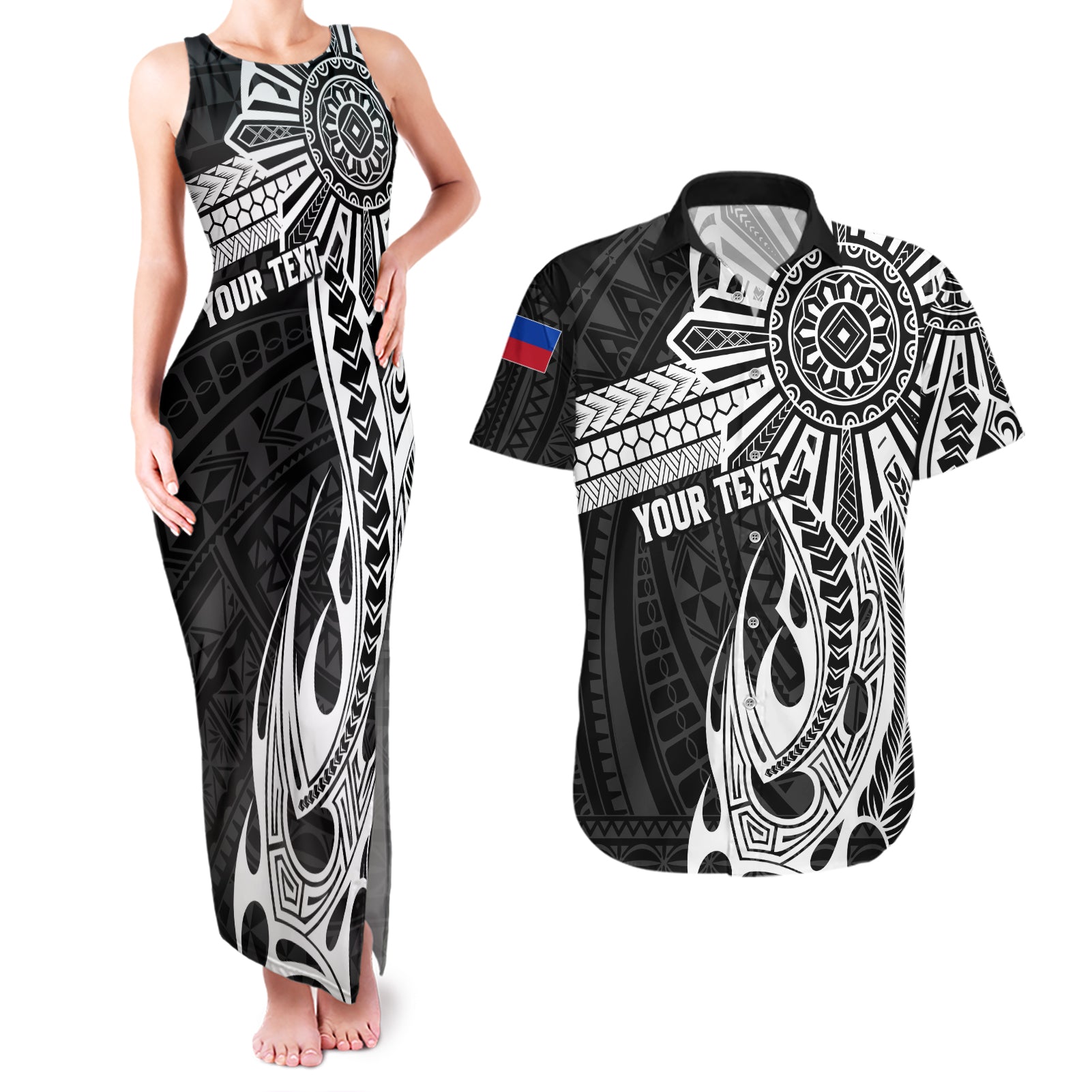 Personalised Philippines Couples Matching Tank Maxi Dress and Hawaiian Shirt Tribal Sun LT7 Black - Polynesian Pride