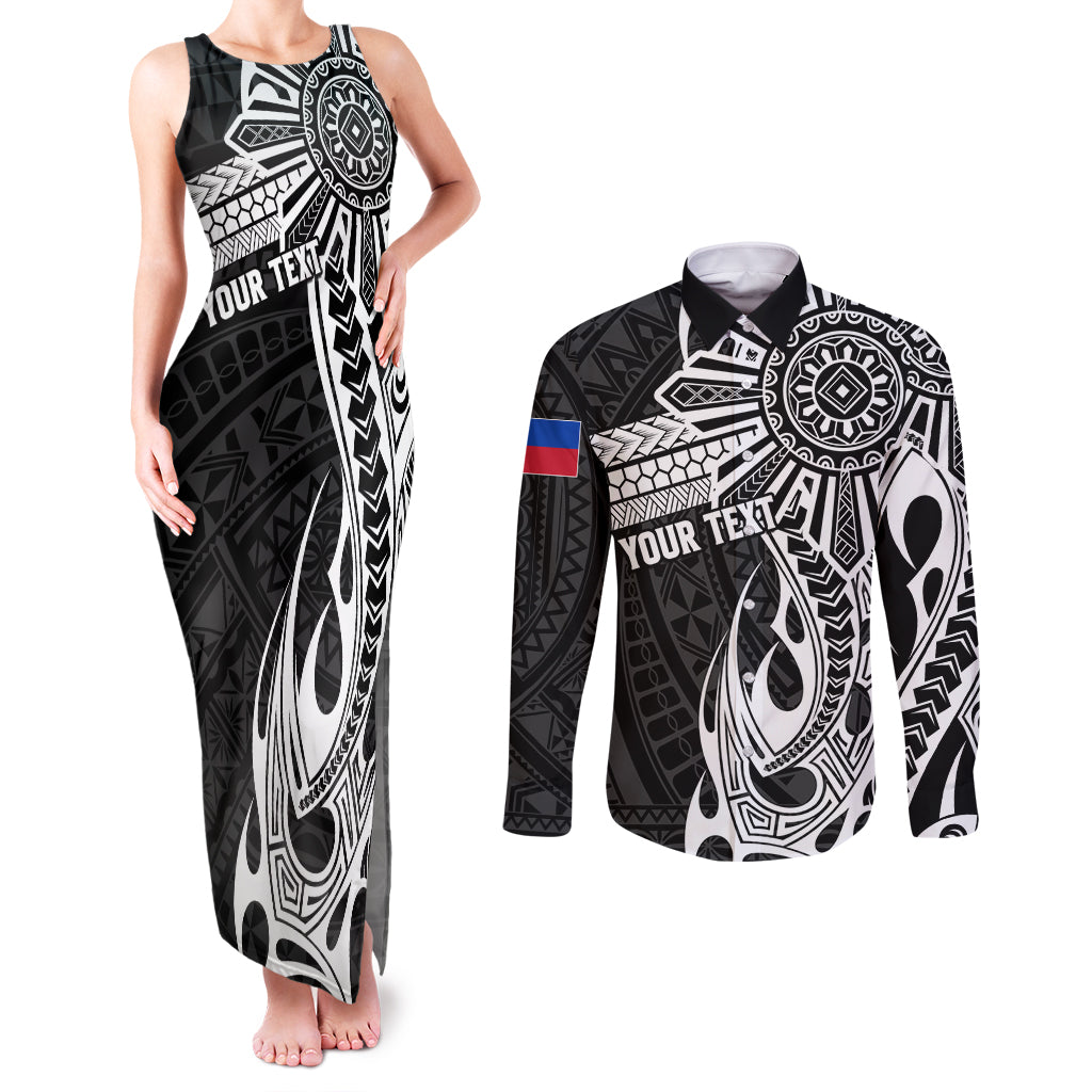 Personalised Philippines Couples Matching Tank Maxi Dress and Long Sleeve Button Shirt Tribal Sun LT7 Black - Polynesian Pride