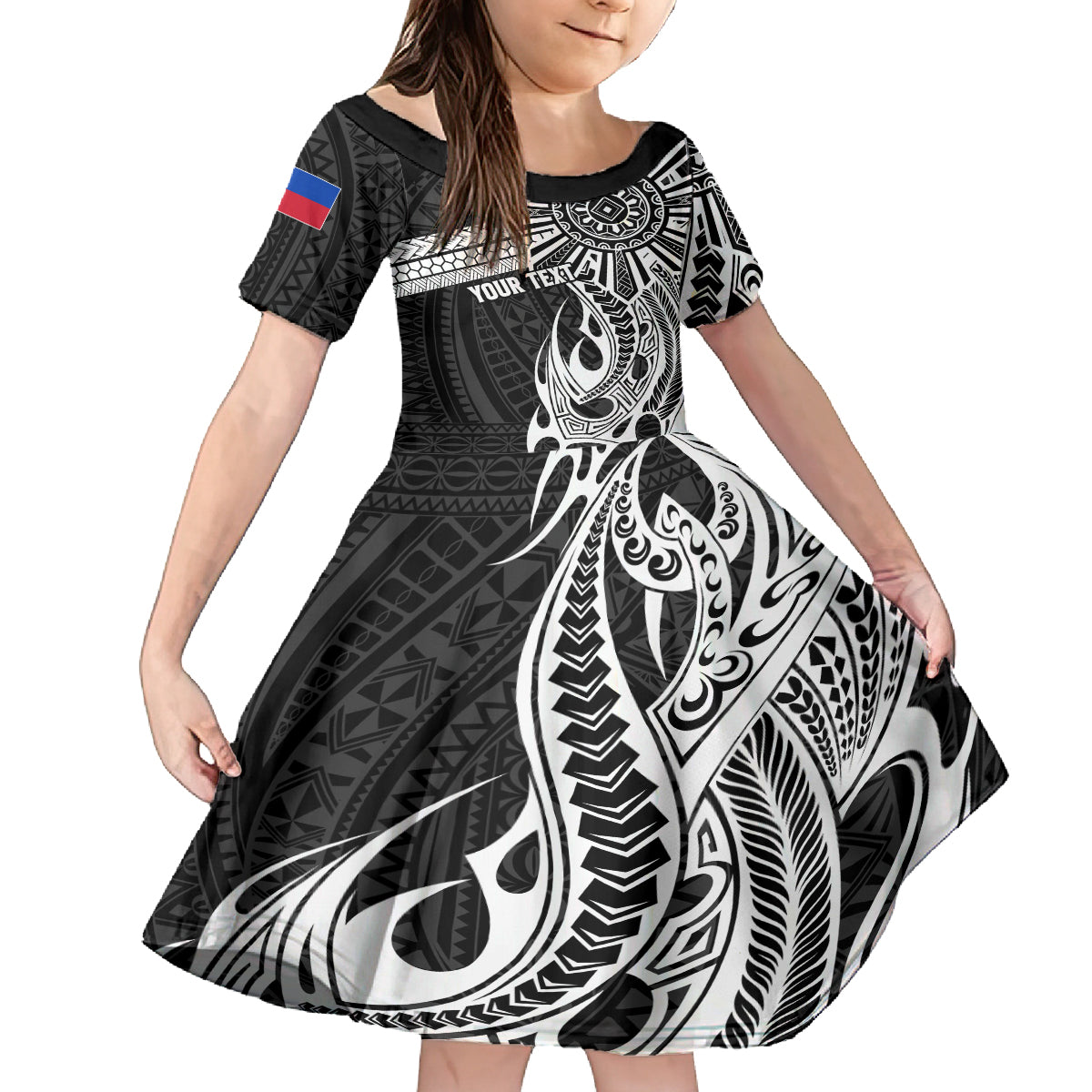 Personalised Philippines Kid Short Sleeve Dress Tribal Sun LT7 KID Black - Polynesian Pride