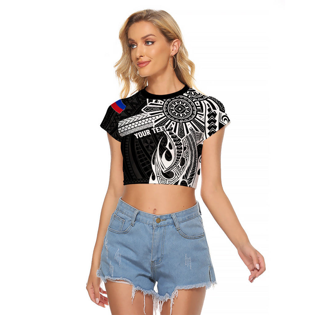 Personalised Philippines Raglan Cropped T Shirt Tribal Sun LT7 Female Black - Polynesian Pride