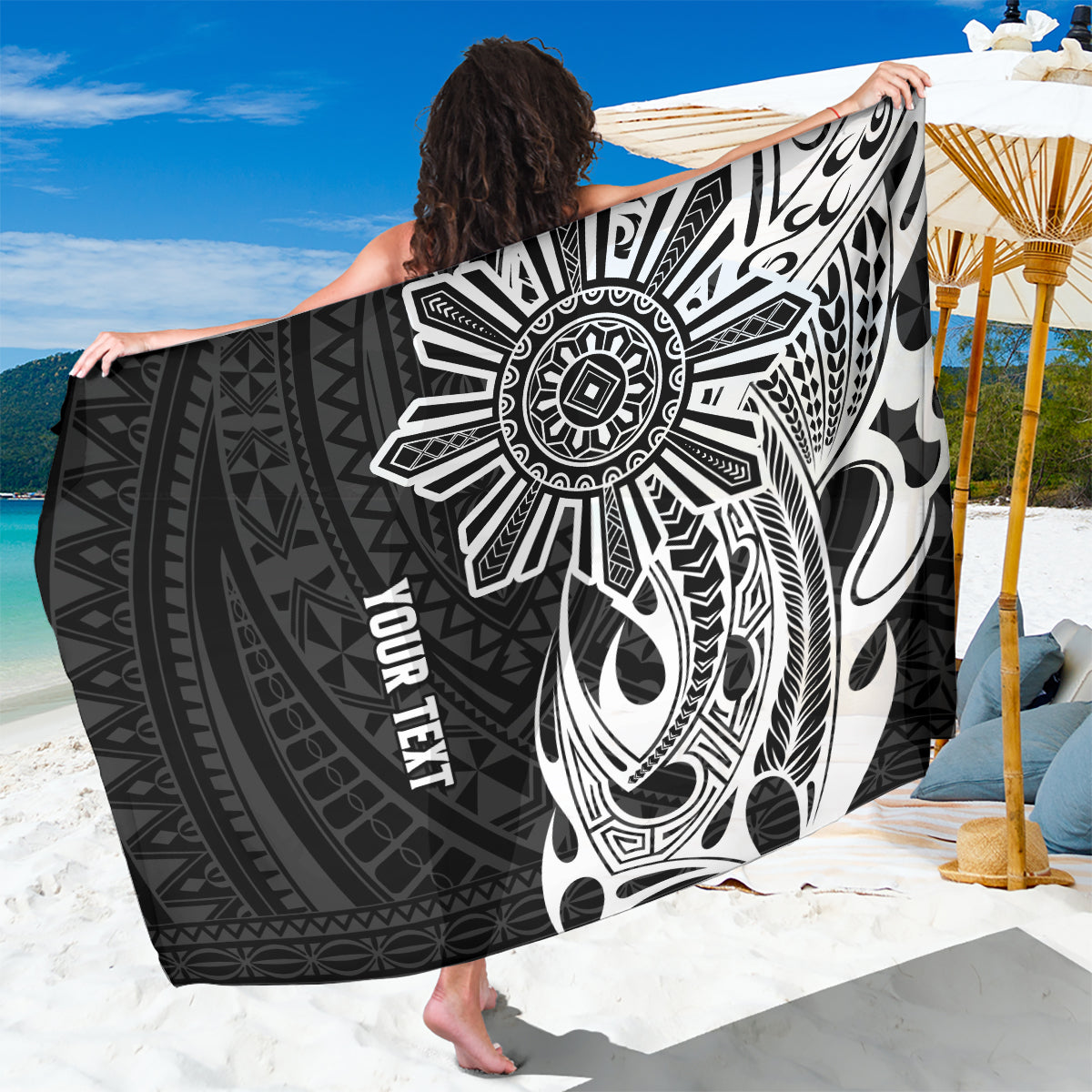 Personalised Philippines Sarong Tribal Sun LT7 One Size 44 x 66 inches Black - Polynesian Pride