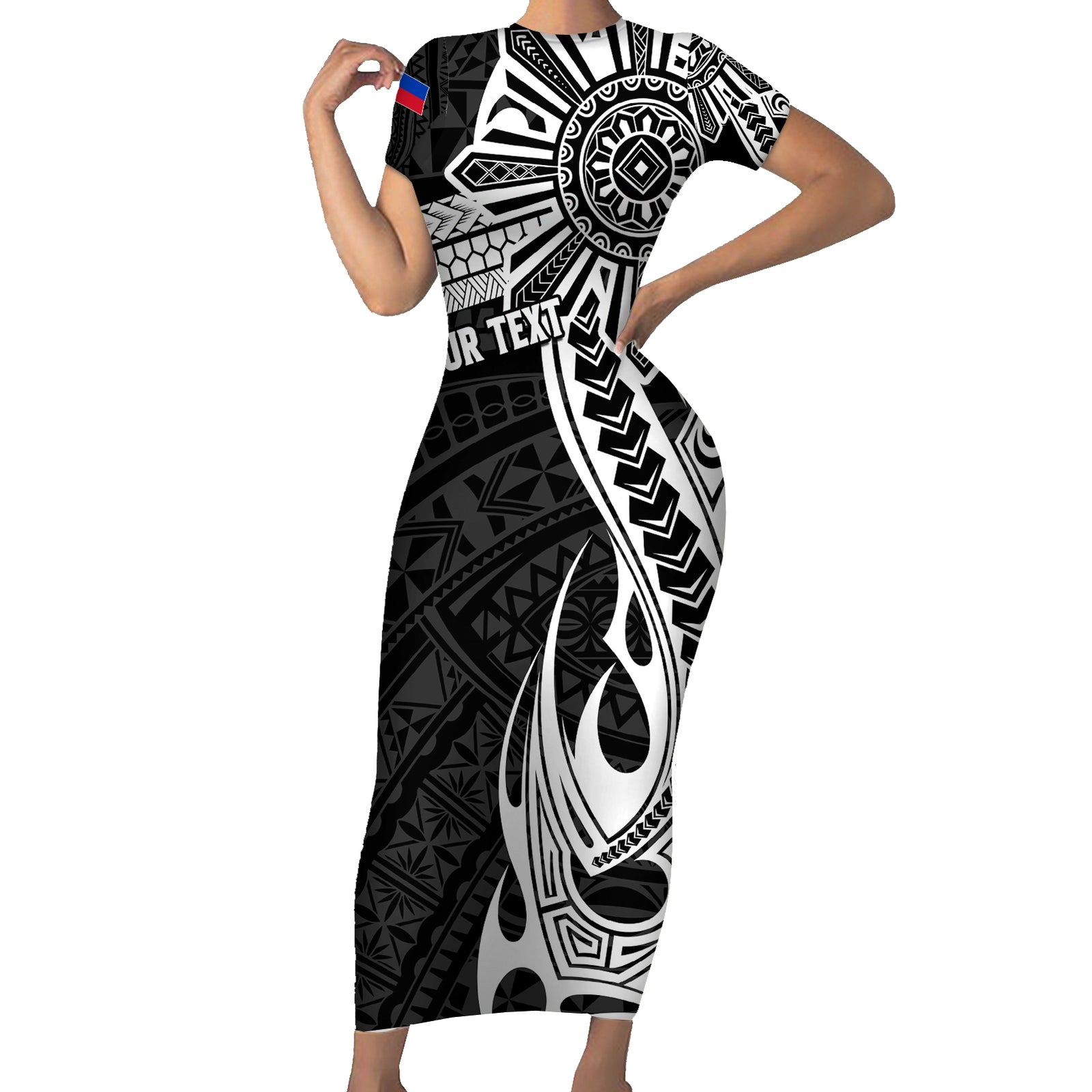 Personalised Philippines Short Sleeve Bodycon Dress Tribal Sun LT7 Long Dress Black - Polynesian Pride