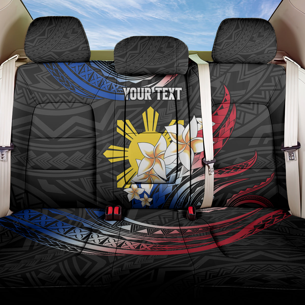 Personalised Philippines Tribal Back Car Seat Cover Mix Plumeria - Flag Colors LT7 One Size Black - Polynesian Pride