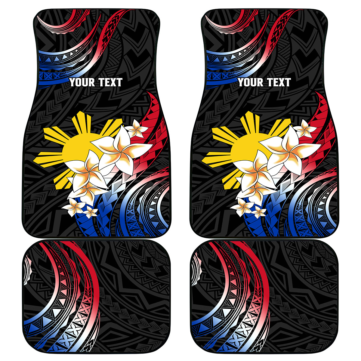 Personalised Philippines Tribal Car Mats Mix Plumeria - Flag Colors LT7 Black - Polynesian Pride