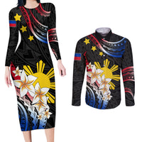 Personalised Philippines Tribal Couples Matching Long Sleeve Bodycon Dress and Long Sleeve Button Shirt Mix Plumeria - Flag Colors LT7 Black - Polynesian Pride