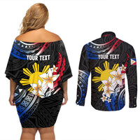 Personalised Philippines Tribal Couples Matching Off Shoulder Short Dress and Long Sleeve Button Shirt Mix Plumeria - Flag Colors LT7 - Polynesian Pride