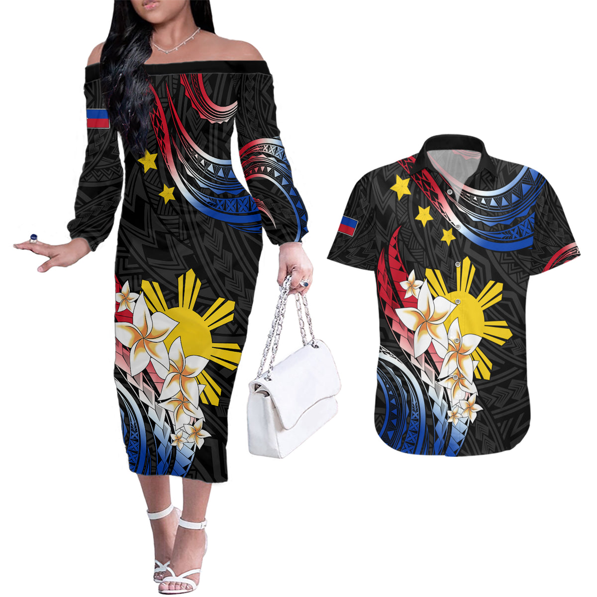 Personalised Philippines Tribal Couples Matching Off The Shoulder Long Sleeve Dress and Hawaiian Shirt Mix Plumeria - Flag Colors LT7 Black - Polynesian Pride