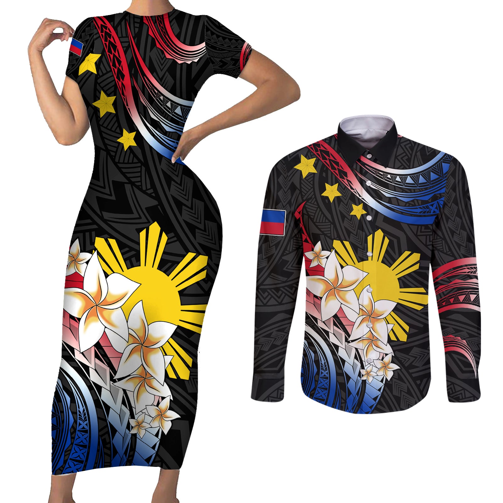 Personalised Philippines Tribal Couples Matching Short Sleeve Bodycon Dress and Long Sleeve Button Shirt Mix Plumeria - Flag Colors LT7 Black - Polynesian Pride