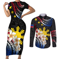 Personalised Philippines Tribal Couples Matching Short Sleeve Bodycon Dress and Long Sleeve Button Shirt Mix Plumeria - Flag Colors LT7 Black - Polynesian Pride