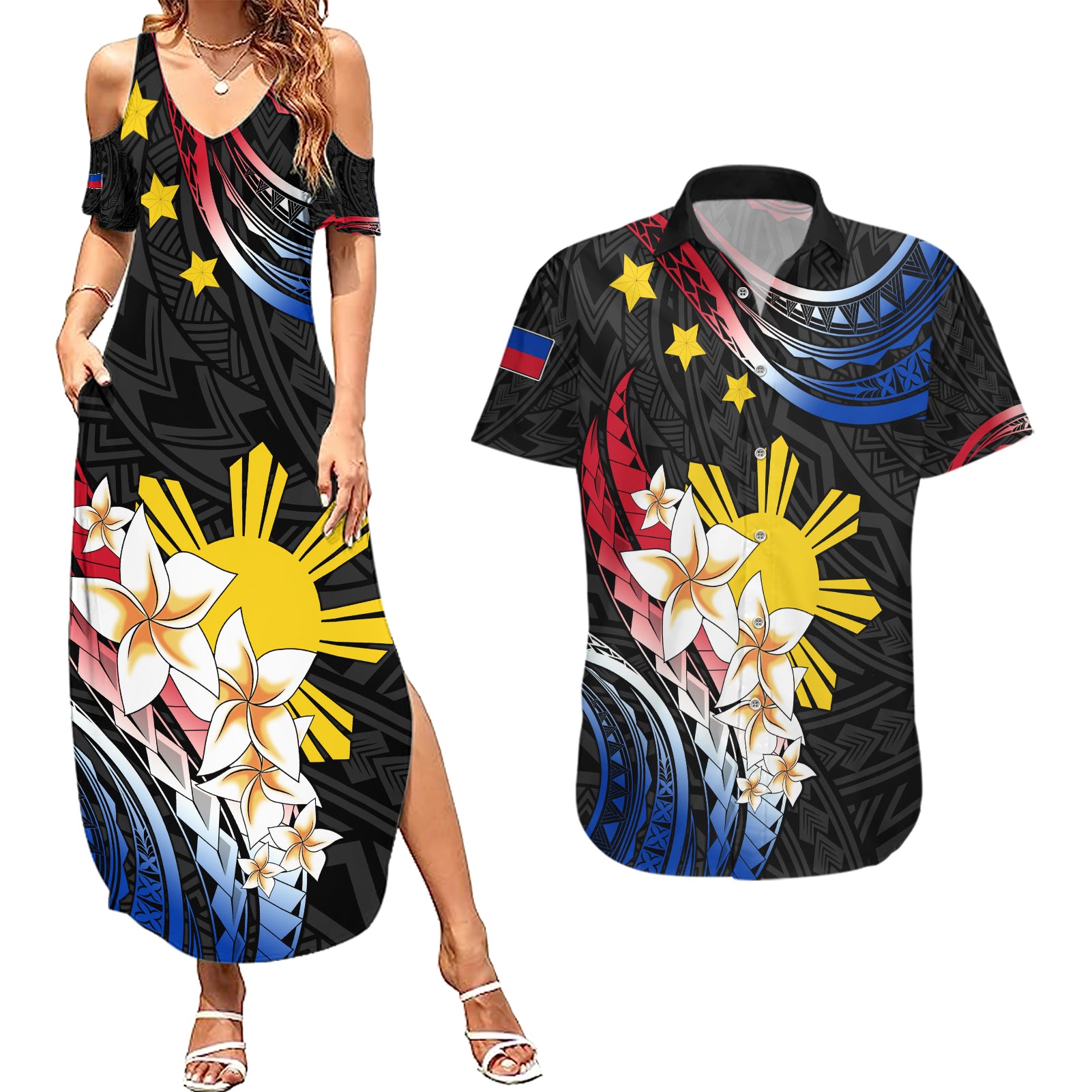 Personalised Philippines Tribal Couples Matching Summer Maxi Dress and Hawaiian Shirt Mix Plumeria - Flag Colors LT7 Black - Polynesian Pride