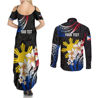 Personalised Philippines Tribal Couples Matching Summer Maxi Dress and Long Sleeve Button Shirt Mix Plumeria - Flag Colors LT7 - Polynesian Pride