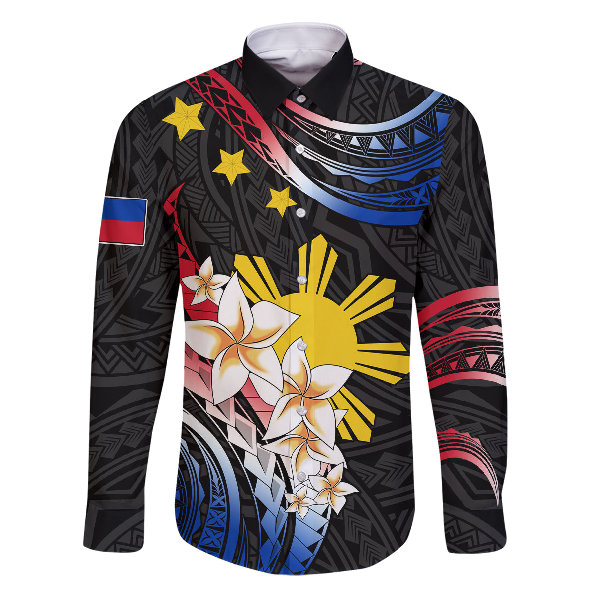 Personalised Philippines Tribal Family Matching Long Sleeve Bodycon Dress and Hawaiian Shirt Mix Plumeria - Flag Colors LT7 Dad's Shirt - Long Sleeve Black - Polynesian Pride