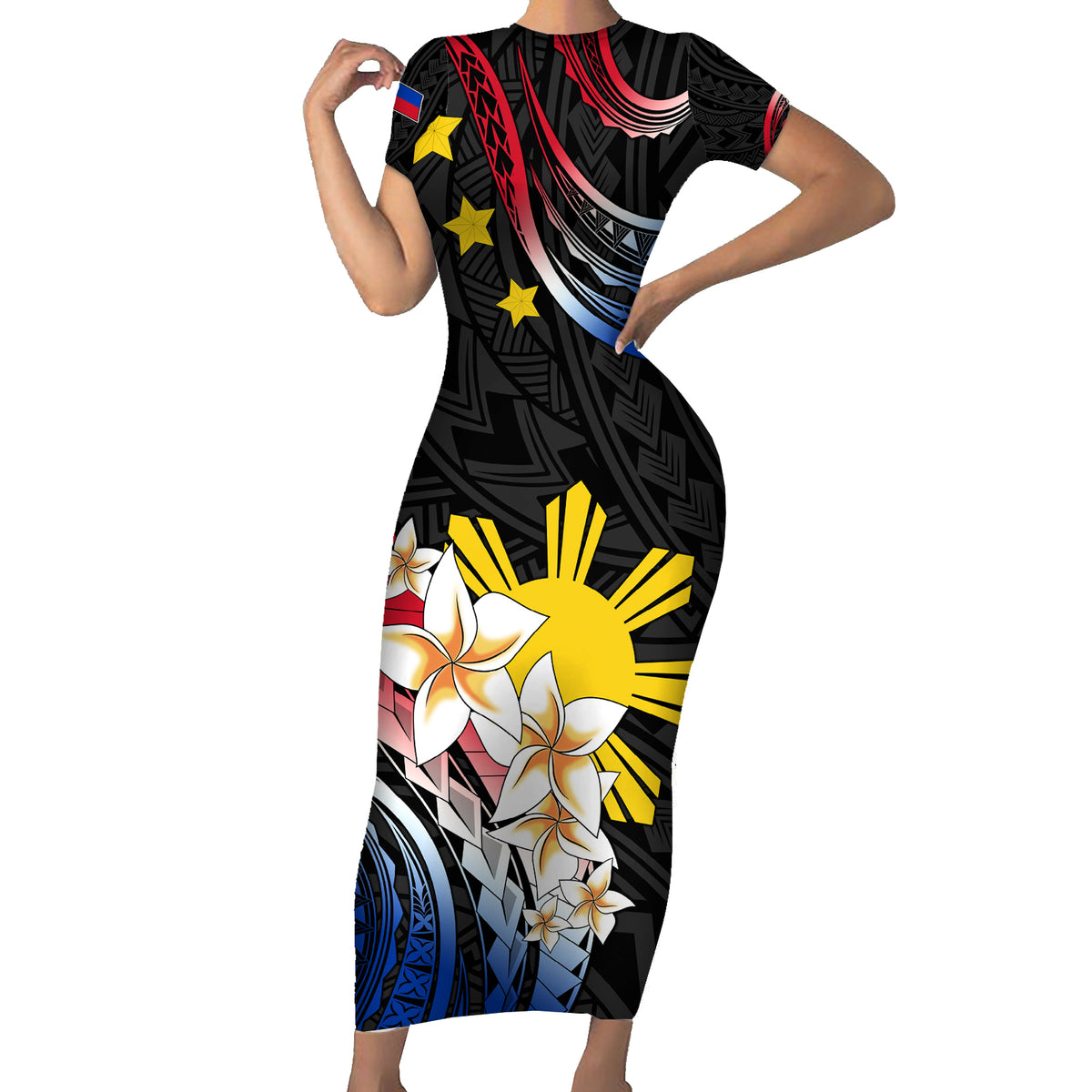 Personalised Philippines Tribal Family Matching Short Sleeve Bodycon Dress and Hawaiian Shirt Mix Plumeria - Flag Colors LT7 Mom's Dress Black - Polynesian Pride