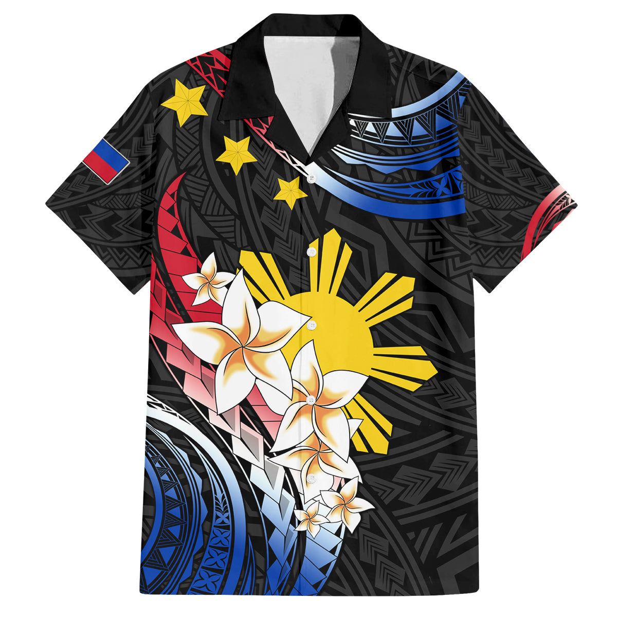 Personalised Philippines Tribal Family Matching Tank Maxi Dress and Hawaiian Shirt Mix Plumeria - Flag Colors LT7 Dad's Shirt - Short Sleeve Black - Polynesian Pride